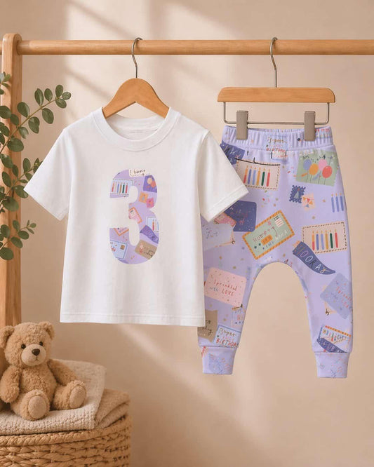 Purple Dot to Dot x JSD Collab Birthday Outfit – Embroidered Tshirts & Leggings Set (6m–5y - white tees up to 10y)